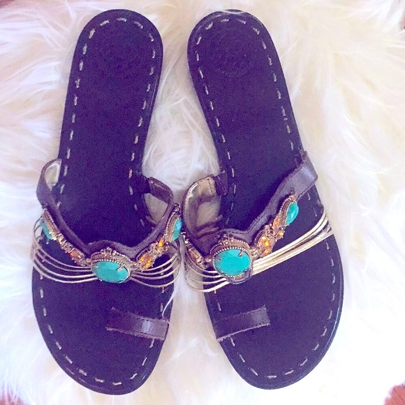 BCBG Boho Chic Sandals Stylish Very Rich Turquoise & Bronze Bling!! CLEAN & EXC! - Picture 3 of 8